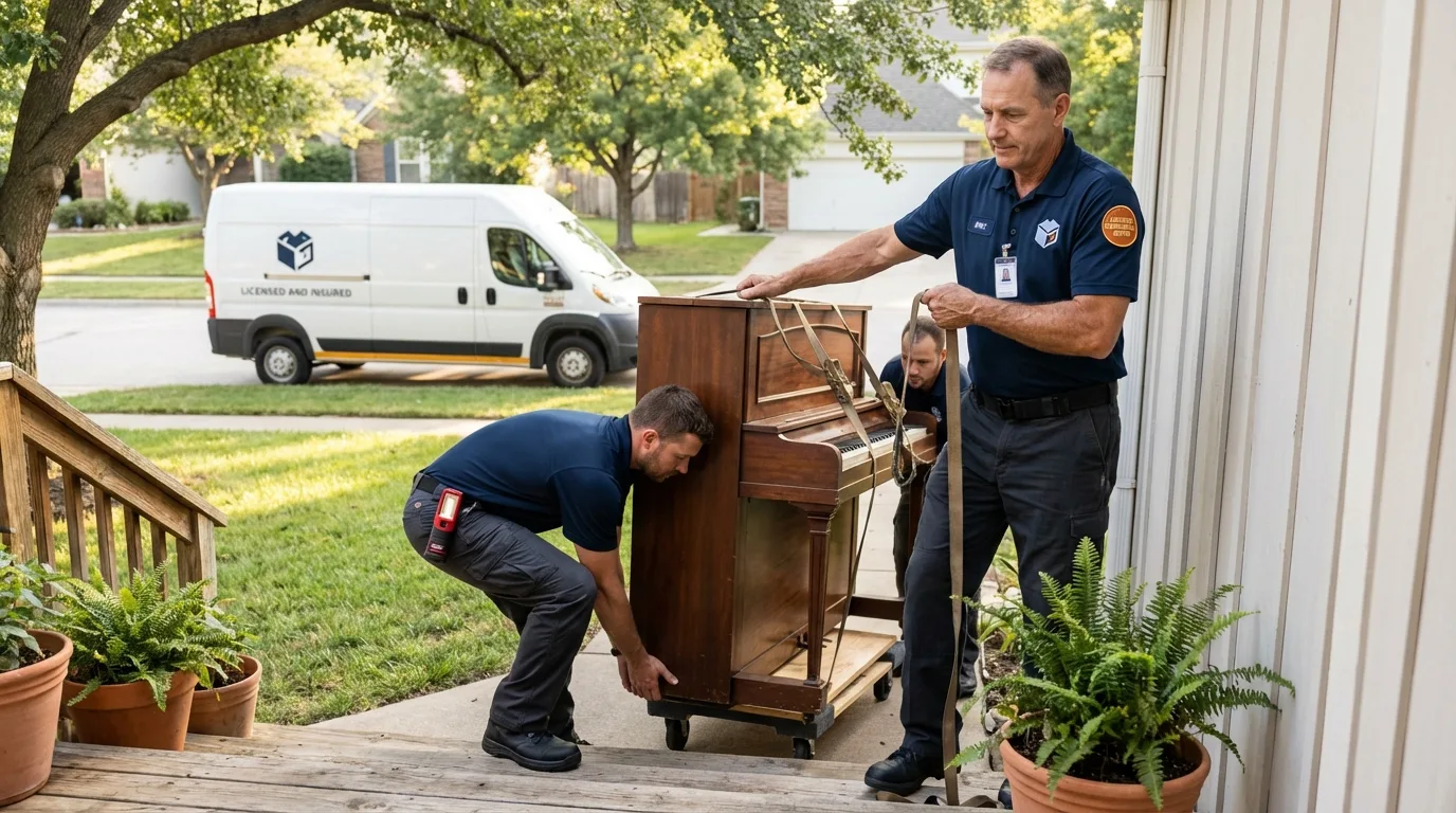 Licensed piano movers securing grand piano in Brecksville, OH