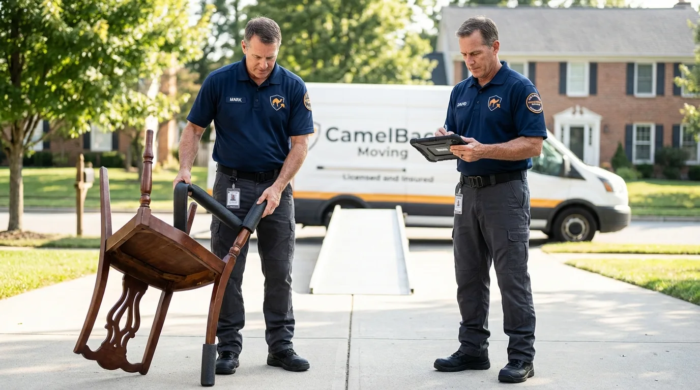 Movers inspecting furniture for damage prevention before loading in Brecksville, OH