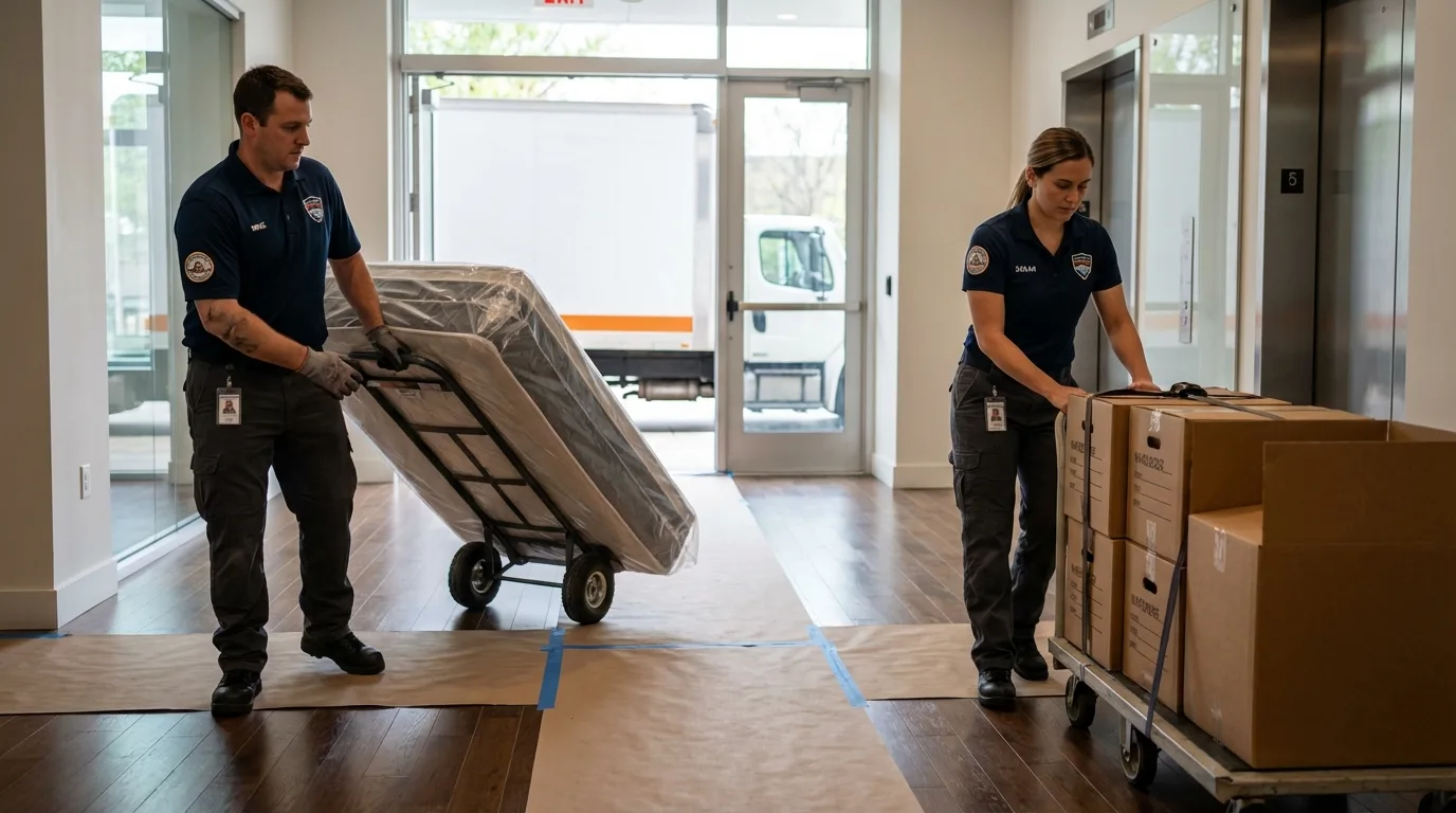 Professional apartment movers loading elevator in Brecksville, OH