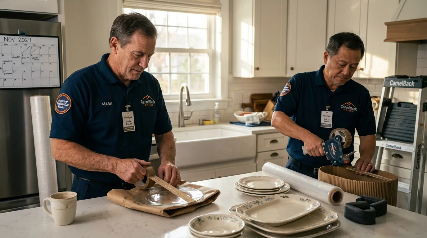 Professional crew packing kitchen dishware in Brecksville, OH